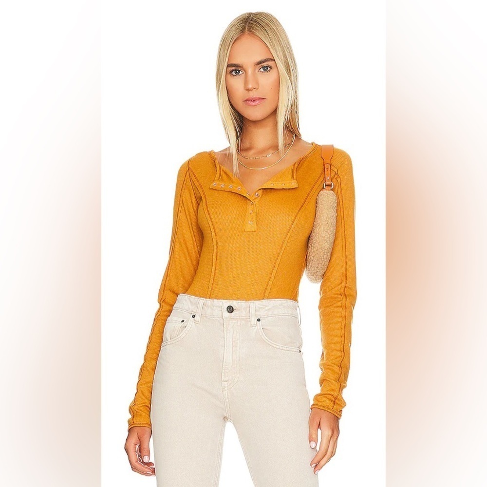 New Free people Sloane Ribbed Bodysuit Amber Henley Snap Button Closure yellow